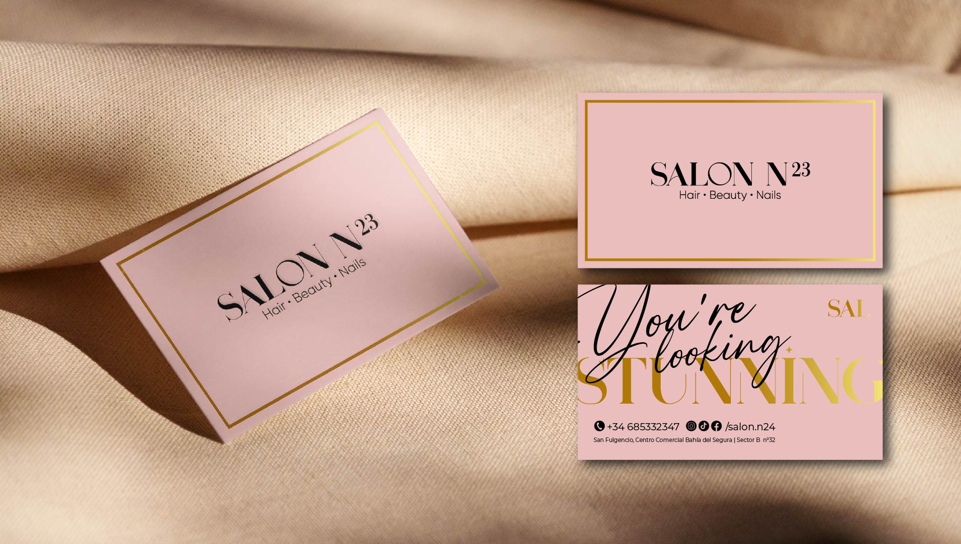 Salon N23 business cards on linen